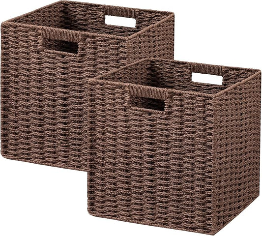 UBBCARE 2 Pack Wicker Basket, 11L×11H×10.5W inch Woven Paper Rope Storage Baskets for shelves, Foldable Cube Storage bin with Handle, Storage Basket for Organizing (Dark Brown, Cube-2pack 11")