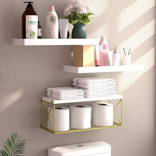 Floating Bathroom Shelves with Wire Storage Basket, Wall Mounted Shelf Over Toilet, 3+1 Tier Wall Decor Small 15.7 Inch Set of 3(White)