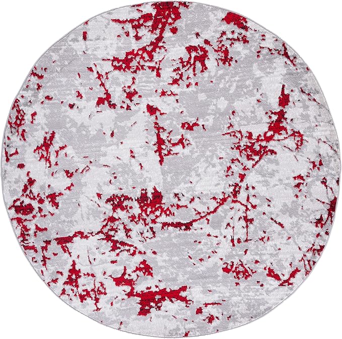 SAFAVIEH Skyler Collection 6'7" Round Grey/Red SKY186Q Modern Abstract Non-Shedding Entryway Foyer Living Room Bedroom Kitchen Area Rug
