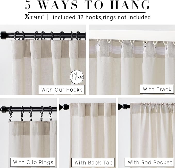 XTMYI Oatmeal 100 Inches Long Country Curtains for Living Room,Sheer Linen Curtains for Bedroom,50 Inches Wide