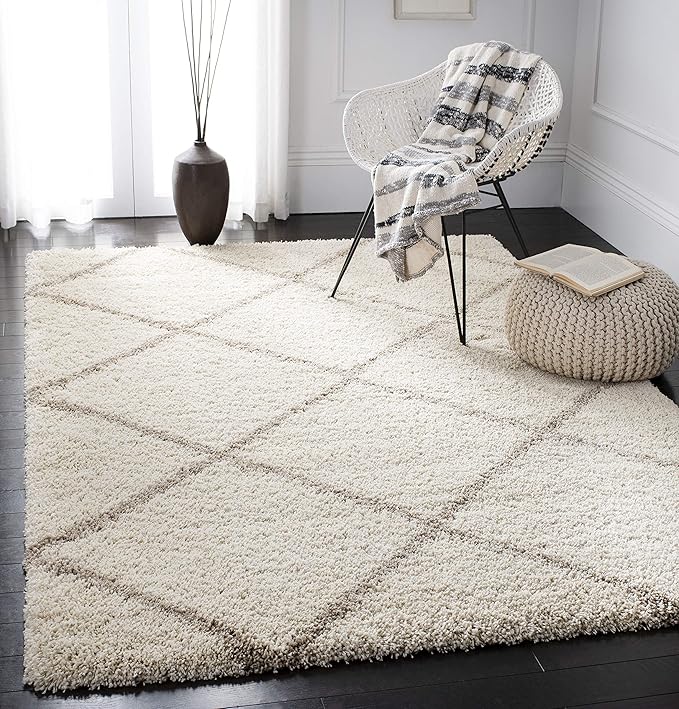 SAFAVIEH Hudson Shag Collection Area Rug - 9' Square, Ivory & Beige, Modern Trellis Design, Non-Shedding & Easy Care, 2-inch Thick Ideal for High Traffic Areas in Living Room, Bedroom (SGH281D)
