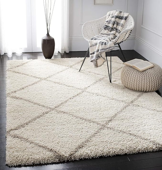 SAFAVIEH Hudson Shag Collection Area Rug - 6' x 9', Ivory & Beige, Modern Trellis Design, Non-Shedding & Easy Care, 2-inch Thick Ideal for High Traffic Areas in Living Room, Bedroom (SGH281D)