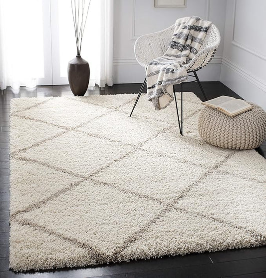 SAFAVIEH Hudson Shag Collection Area Rug - 11' Square, Ivory & Beige, Modern Trellis Design, Non-Shedding & Easy Care, 2-inch Thick Ideal for High Traffic Areas in Living Room, Bedroom (SGH281D)