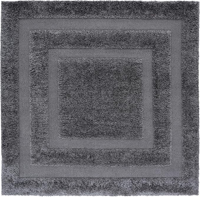 SAFAVIEH Florida Shag Collection Area Rug - 6'7" Square, Grey & Grey, Border Design, Non-Shedding & Easy Care, 1.2-inch Thick Ideal for High Traffic Areas in Living Room, Bedroom (SG454-8080)
