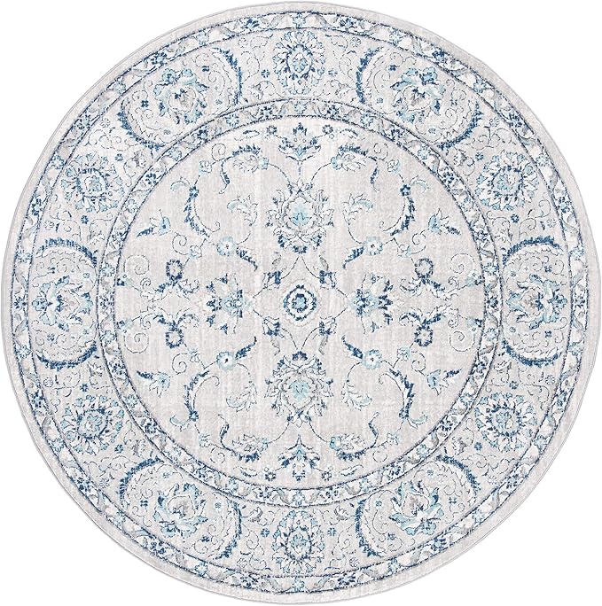 SAFAVIEH Brentwood Collection Area Rug - 11' Round, Light Grey & Blue, Oriental Floral Scroll Design, Non-Shedding & Easy Care, Ideal for High Traffic Areas in Living Room, Bedroom (BNT854G)
