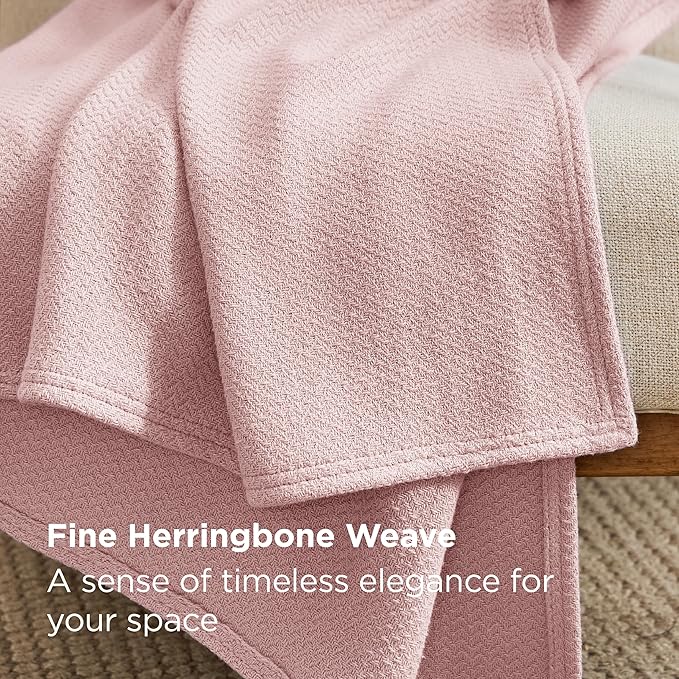 Bedsure GentleSoft 100% Cotton Blanket King Size for Bed - Breathable and Lightweight, Soft Cozy Textured Herringbone Woven Blanket for Summer Spring, Pink, 108x90 inches