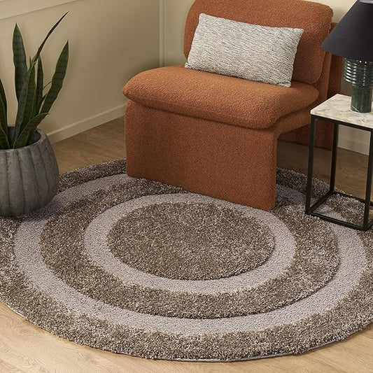 SAFAVIEH Florida Shag Collection Area Rug - 4' Round, Beige & Beige, Border Design, Non-Shedding & Easy Care, 1.2-inch Thick Ideal for High Traffic Areas in Living Room, Bedroom (SG454-1313)