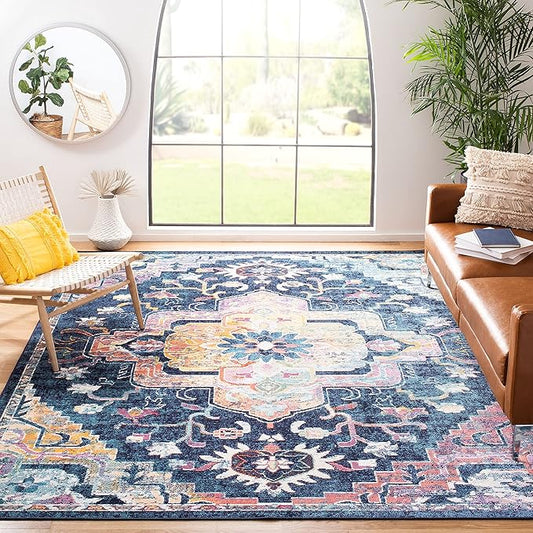 SAFAVIEH Crystal Collection Area Rug - 8' x 10', Navy & Fuchsia, Medallion Distressed Design, Non-Shedding & Easy Care, Ideal for High Traffic Areas in Living Room, Bedroom (CRS501H)