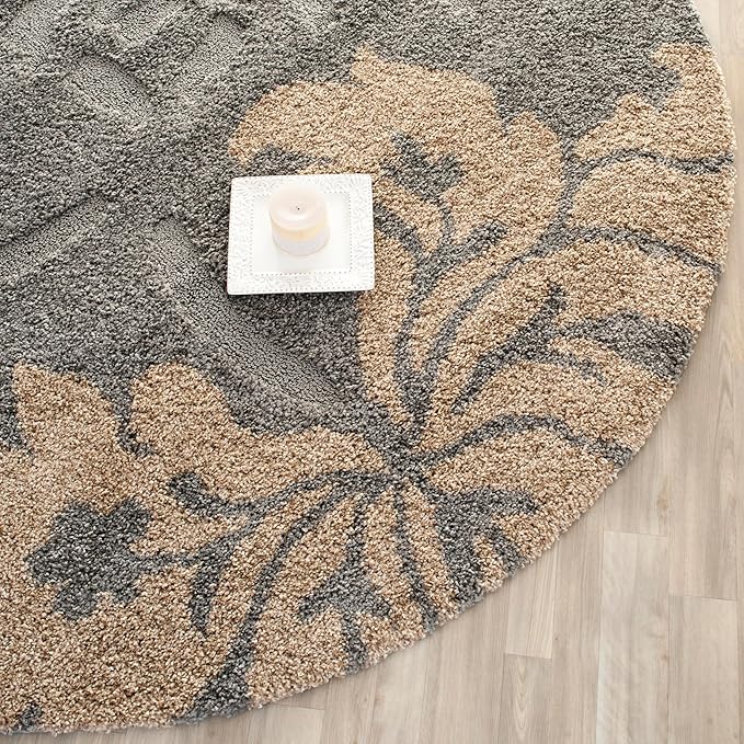 SAFAVIEH Florida Shag Collection 4' Round Grey/Beige SG458 Floral Non-Shedding Living Room Bedroom Dining Room Entryway Plush 1.2-inch Thick Area Rug