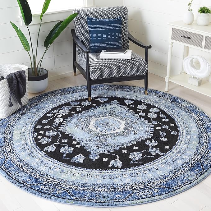 SAFAVIEH Vintage Hamadan Collection Area Rug - 6'7" Round, Light Blue & Black, Traditional Oriental Design, Non-Shedding & Easy Care, Ideal for High Traffic Areas in Living Room, Bedroom (VTH204J)