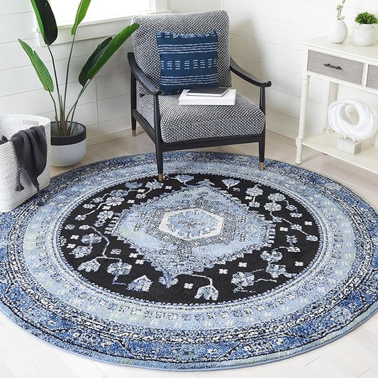 SAFAVIEH Vintage Hamadan Collection Area Rug - 6'7" Round, Light Blue & Black, Traditional Oriental Design, Non-Shedding & Easy Care, Ideal for High Traffic Areas in Living Room, Bedroom (VTH204J)