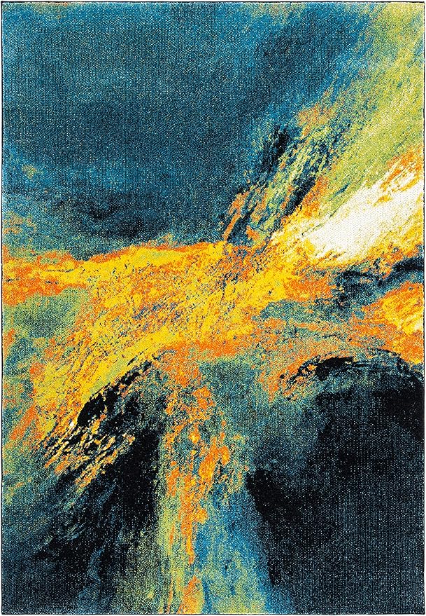 SAFAVIEH Galaxy Collection Area Rug - 5'3" x 7'6", Blue & Yellow, Modern Abstract Design, Non-Shedding & Easy Care, Ideal for High Traffic Areas in Living Room, Bedroom (GAL117L)