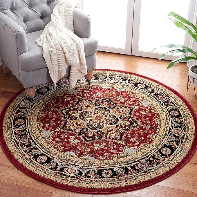SAFAVIEH Lyndhurst Collection Area Rug - 5'3" Round, Red & Black, Traditional Oriental Design, Non-Shedding & Easy Care, Ideal for High Traffic Areas in Living Room, Bedroom (LNH330B)