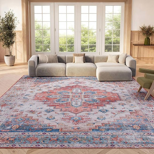 SAFAVIEH Washable Rug Tucson Collection - 8' x 10', Beige & Blue, Slip Resistant & Easy to Clean, Ideal for Living Room, Bedroom, Dining Space (TSN109B)