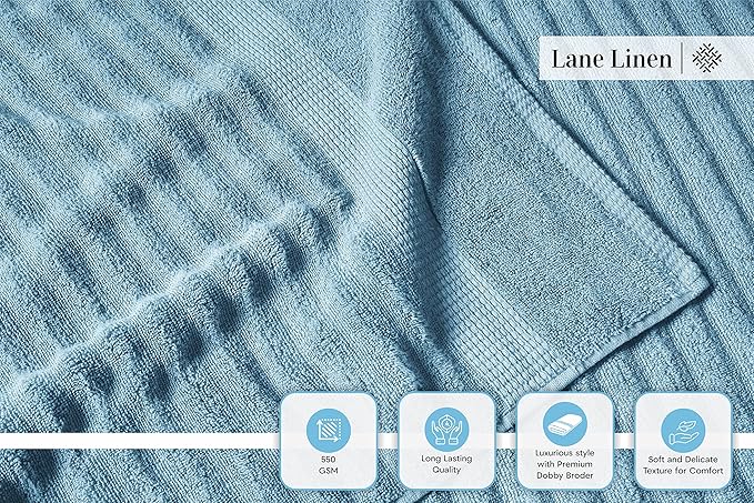 LANE LINEN Cotton Bath Towels Set of 6 - Exclusive Zero Twist - Softer, Quick Dry & Absorbent - 2 Bath, 2 Washcloths, 2 Hand Towels for Bathroom - Durable, Premium Quality & Ideal Gift for Him - Blue