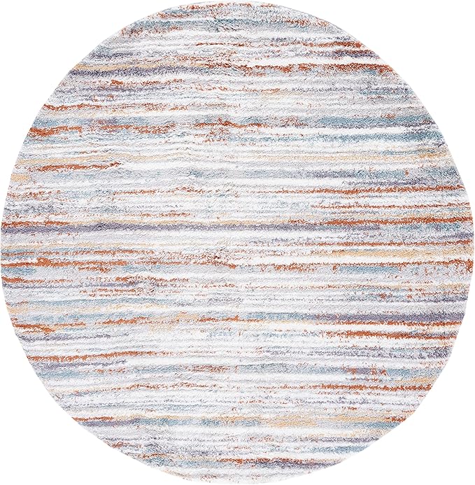 SAFAVIEH Berber Shag Collection Area Rug - 8' Round, Blue Rust & Ivory, Stripe Design, 1.2-inch Thick Ideal for High Traffic Areas in Living Room, Bedroom, Dining (BER565A-8R)