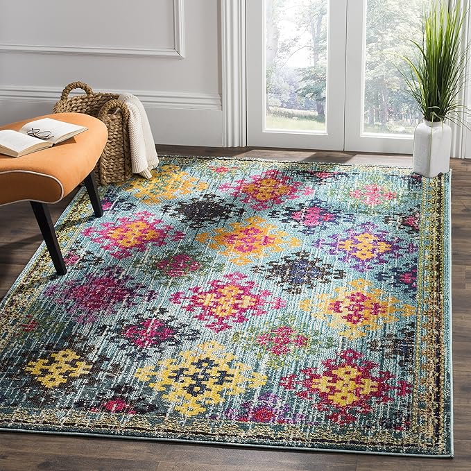 SAFAVIEH Monaco Collection Area Rug - 5'1" x 7'7", Blue & Multi, Boho Diamond Trellis Design, Non-Shedding & Easy Care, Ideal for High Traffic Areas in Living Room, Bedroom (MNC244N)