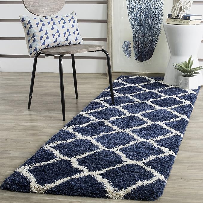 SAFAVIEH Hudson Shag Collection Runner Rug - 2'3" x 6', Navy & Ivory, Moroccan Trellis Design, Non-Shedding & Easy Care, 2-inch Thick Ideal for High Traffic Areas in Living Room, Bedroom (SGH283C)