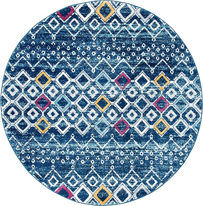 SAFAVIEH Amsterdam Collection 6'7" Round Navy / Turquoise AMS108M Moroccan Boho Non-Shedding Dining Room Entryway Foyer Living Room Bedroom Area Rug