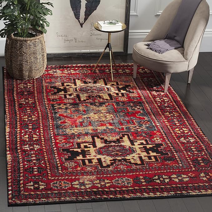 SAFAVIEH Vintage Hamadan Collection Area Rug - 6'7" x 9', Red & Multi, Oriental Traditional Persian Design, Non-Shedding & Easy Care, Ideal for High Traffic Areas in Living Room, Bedroom (VTH213A)