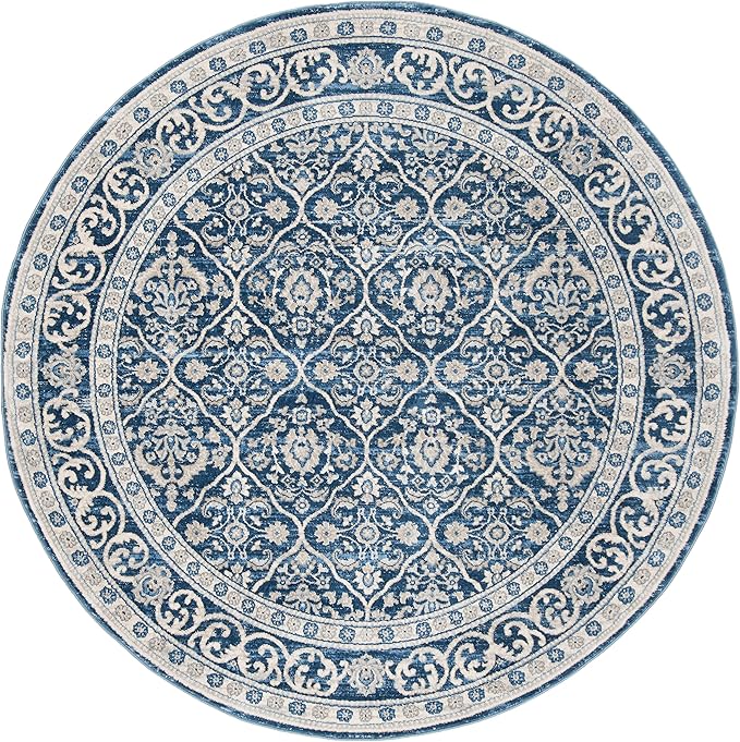 SAFAVIEH Brentwood Collection 5' Round Navy / Light Grey BNT870M Oriental Damask Trellis Non-Shedding Dining Room Entryway Foyer Living Room Bedroom Area Rug