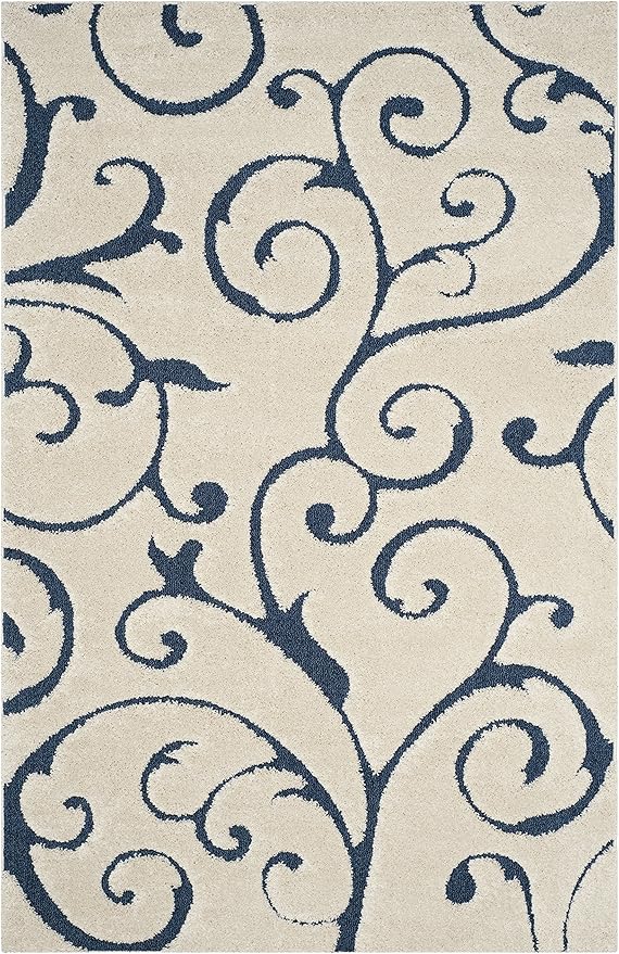 SAFAVIEH Florida Shag Collection Area Rug - 6' x 9', Cream & Blue, Scroll Design, Non-Shedding & Easy to Clean, High-Low Plush Pile, Ideal for Living Room, Bedroom, Dining Space (SG455-1165)