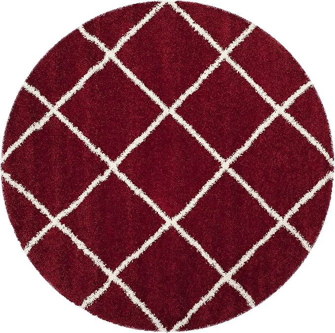SAFAVIEH Hudson Shag Collection 3' Round Red / Ivory SGH281R Modern Diamond Trellis Non-Shedding Living Room Bedroom Dining Room Entryway Plush 2-inch Thick Area Rug