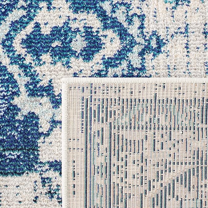 SAFAVIEH Monaco Collection Area Rug - 3' Round, Ivory & Blue, Non-Shedding & Easy to Clean, Distressed Medallion Design, Ideal for Living Room, Bedroom, Dining Space (MNC243A)