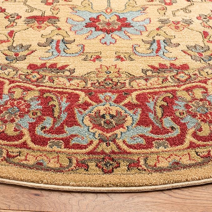 SAFAVIEH Mahal Collection Area Rug - 6'7" Round, Beige & Red, Traditional Oriental Design, Non-Shedding & Easy Care, Ideal for High Traffic Areas in Living Room, Bedroom (MAH693B)