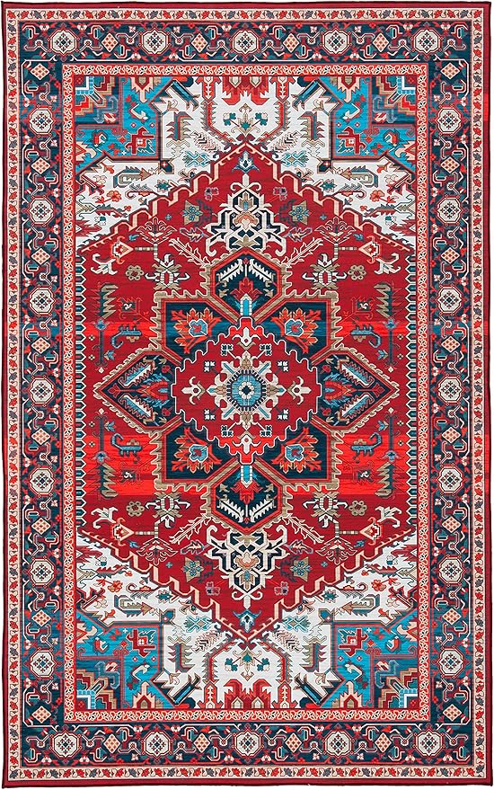 SAFAVIEH Washable Rug Tucson Collection - 6'6' x 9', Red & Blue, Slip Resistant & Easy to Clean, Ideal for Living Room, Bedroom, Dining Space (TSN101Q)