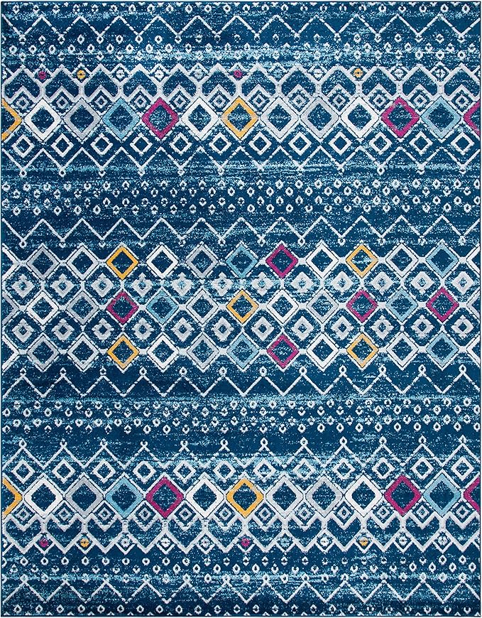 SAFAVIEH Amsterdam Collection X-Large Area Rug - 11' x 15', Navy & Turquoise, Moroccan Boho Design, Non-Shedding & Easy Care, Ideal for High Traffic Areas in Living Room, Bedroom (AMS108M)