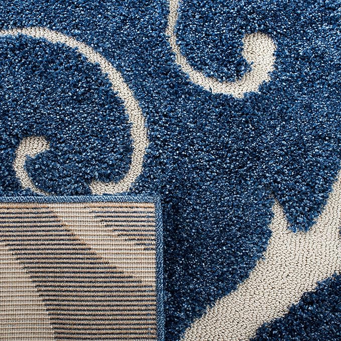 SAFAVIEH Florida Shag Collection Runner Rug - 2'3" x 21', Dark Blue & Cream, Scroll Design, Non-Shedding & Easy to Clean, High-Low Plush Pile, Ideal for Bedroom, Foyer, Hallway (SG455-6511)