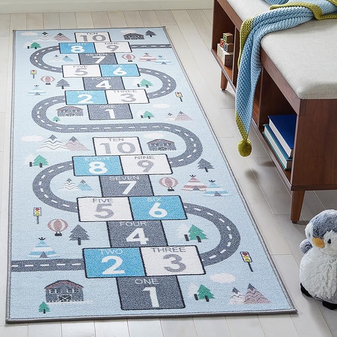 SAFAVIEH Washable Rug Kids Playhouse Collection - 2'2" x 6' Runner, Grey & Blue, Slip Resistant & Easy to Clean, Ideal for Kids Room, Playroom, Nursery, Boys & Girls Room (KPH226F)
