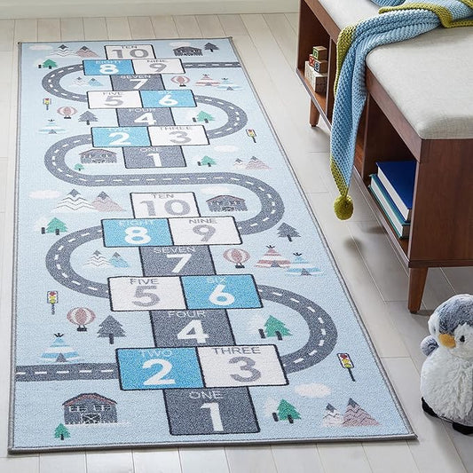 SAFAVIEH Washable Rug Kids Playhouse Collection - 2'2" x 12' Runner, Grey & Blue, Slip Resistant & Easy to Clean, Ideal for Kids Room, Playroom, Nursery, Boys & Girls Room (KPH226F)