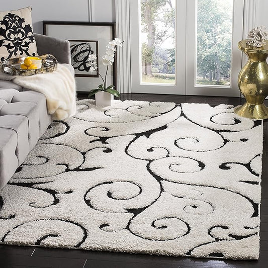 SAFAVIEH Florida Shag Collection Area Rug - 6' x 9', Ivory & Black, Scroll Design, Non-Shedding & Easy to Clean, High-Low Plush Pile, Ideal for Living Room, Bedroom, Dining Space (SG455-1290)