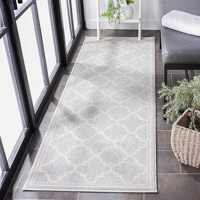SAFAVIEH Amherst Collection Runner Rug - 2'3" x 19', Light Grey & Beige, Moroccan Trellis Design, Non-Shedding & Easy Care, Ideal for High Traffic Areas in Living Room, Bedroom (AMT422B)