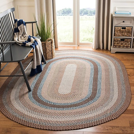 SAFAVIEH Washable Rug Outdoor Braided Collection - 8' x 10' Oval, Brown & Multi, Handmade & Reversible, Non-Shedding & Easy to Clean, Ideal for Patio, Backyard, Mudroom (BRD313A)