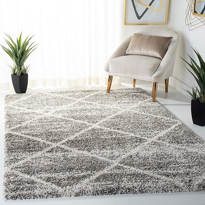 SAFAVIEH Hudson Shag Collection Area Rug - 4' Square, Distressed Grey & Ivory, Trellis Design, Non-Shedding & Easy Care, 2-inch Thick Ideal for High Traffic Areas in Living Room, Bedroom (SGH281K)