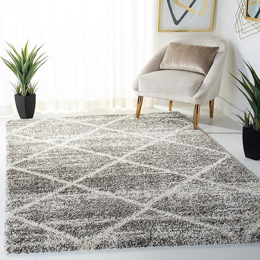 SAFAVIEH Hudson Shag Collection Area Rug - 8' Square, Distressed Grey & Ivory, Trellis Design, Non-Shedding & Easy Care, 2-inch Thick Ideal for High Traffic Areas in Living Room, Bedroom (SGH281K)