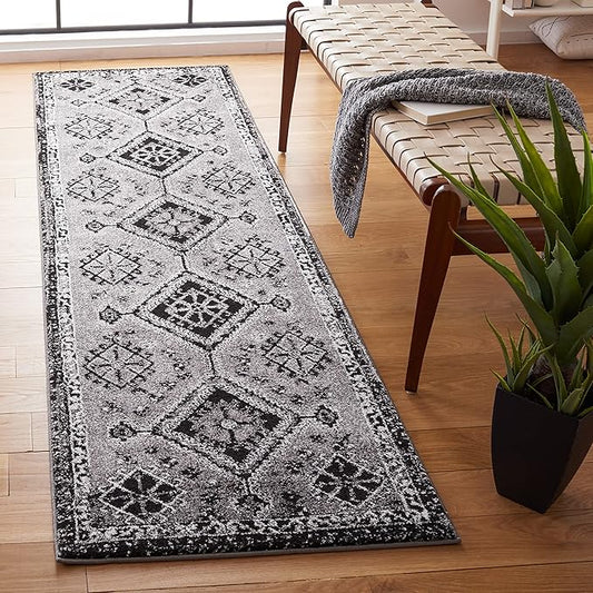 SAFAVIEH Vintage Hamadan Collection Runner Rug - 2'3" x 8', Grey & Black, Oriental Distressed Design, Non-Shedding & Easy Care, Ideal for High Traffic Areas in Living Room, Bedroom (VTH293F)