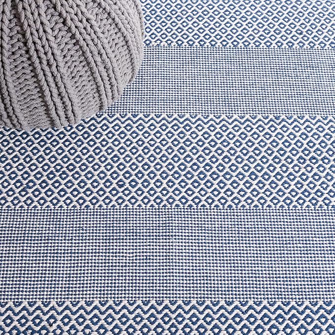 SAFAVIEH Montauk Collection X-Large Area Rug - 11' x 15', Ivory & Navy, Handmade Flat Weave Boho Farmhouse Cotton Tassel Fringe, Ideal for High Traffic Areas in Living Room, Bedroom (MTK330B)