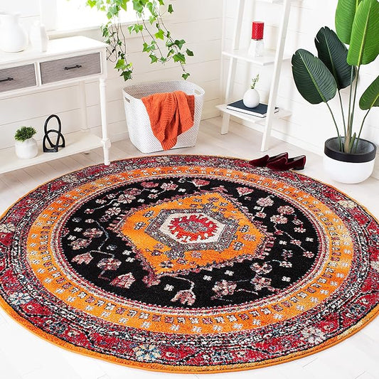 SAFAVIEH Vintage Hamadan Collection Area Rug - 6'7" Round, Orange & Black, Traditional Oriental Design, Non-Shedding & Easy Care, Ideal for High Traffic Areas in Living Room, Bedroom (VTH204P)