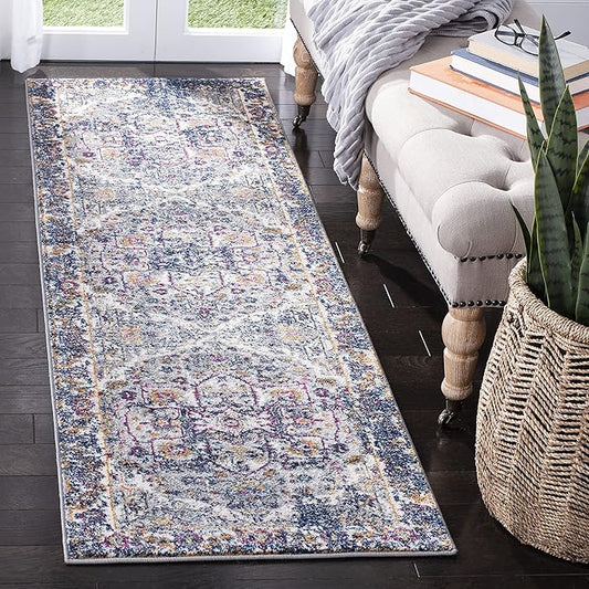 SAFAVIEH Evoke Collection Runner Rug - 2'2" x 7', Grey & Navy, Oriental Medallion Distressed Design, Non-Shedding & Easy Care, Ideal for High Traffic Areas in Living Room, Bedroom (EVK275G)