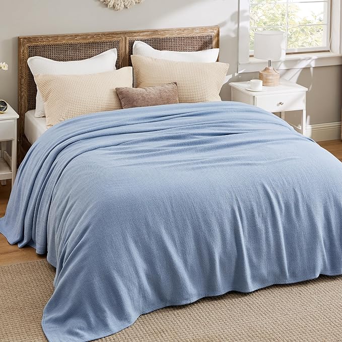 Bedsure GentleSoft 100% Cotton Blanket Queen Size for Bed - Breathable and Lightweight, Soft Cozy Textured Herringbone Woven Blanket for Summer, Ashley Blue, 90x90 inches