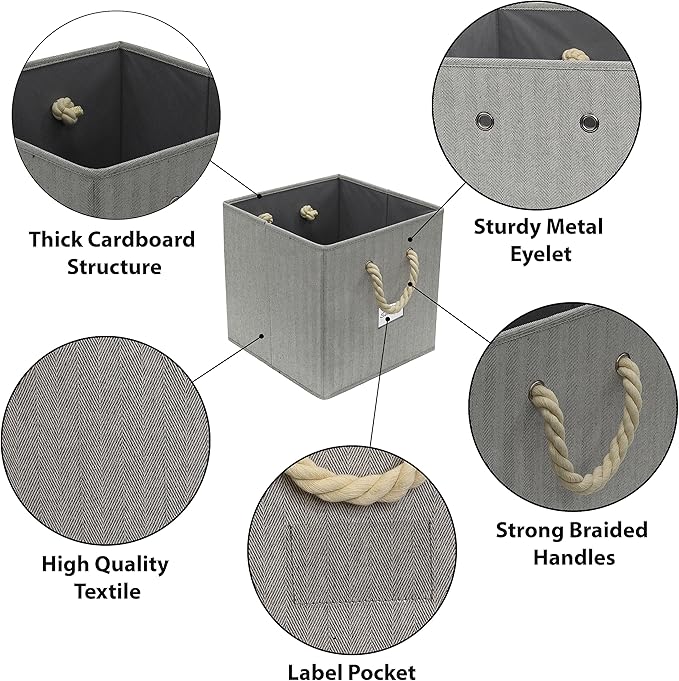 SIMPLE HOUSEWARE 11-Inch Cube Storage Bin With Braided Handles, 4 Pack, Gray