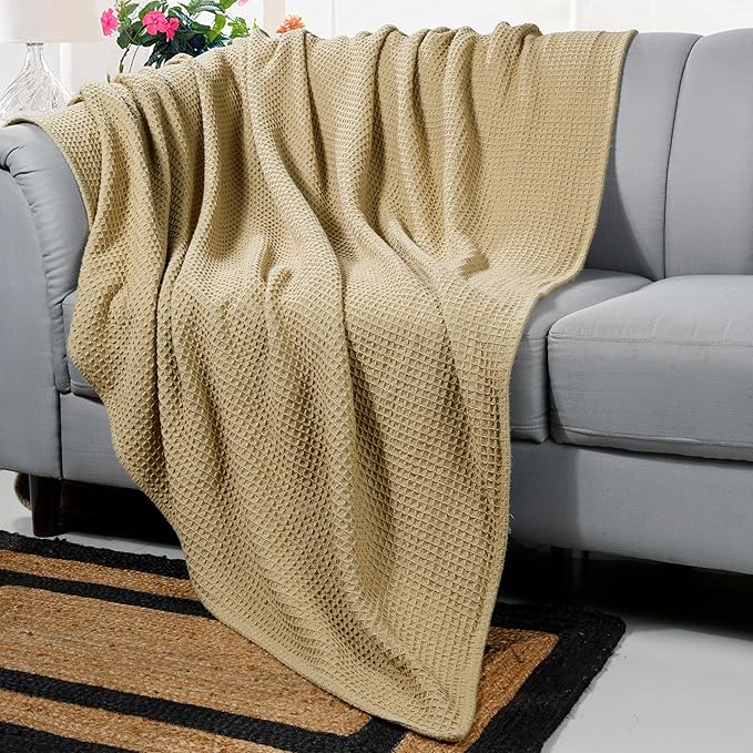Bed & Bath Home Premium 100% Cotton Waffle Weave Blanket King Size – Soft Breathable Lightweight Comfort, Natural All-Season Bed Blanket, Easy-Care Bedspread for Bed & Couch (Khaki)