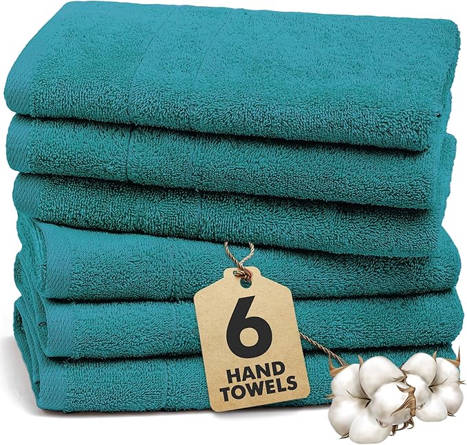 100% Cotton Hand Towels for Bathroom – Soft & Absorbent Towel Set– Pack of 6 Small Towel (34x20in) – Quick Dry Luxury Cotton Hand Towels – Teal