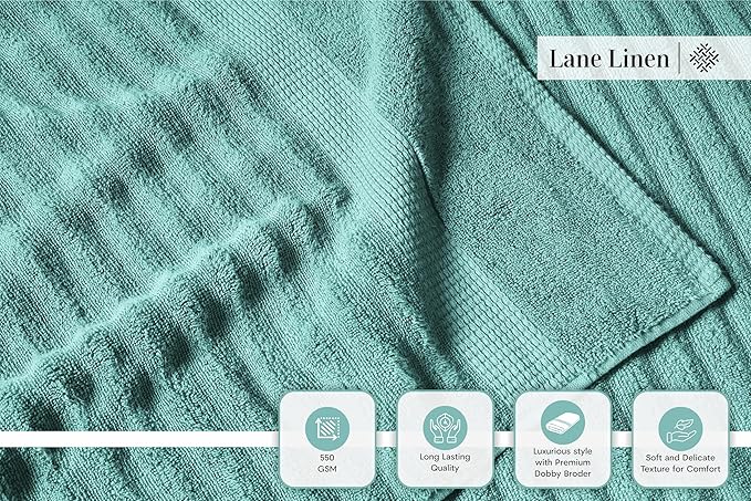 LANE LINEN Cotton Towel Set 6 Pieces - Super Soft, Durable & Highly Absorbent - 2 Bath, 2 Washcloths, 2 Hand Towels for Bathroom - Oeko TEX Certified, Zero Twist Tech & Hotel Quality - Aqua Sky