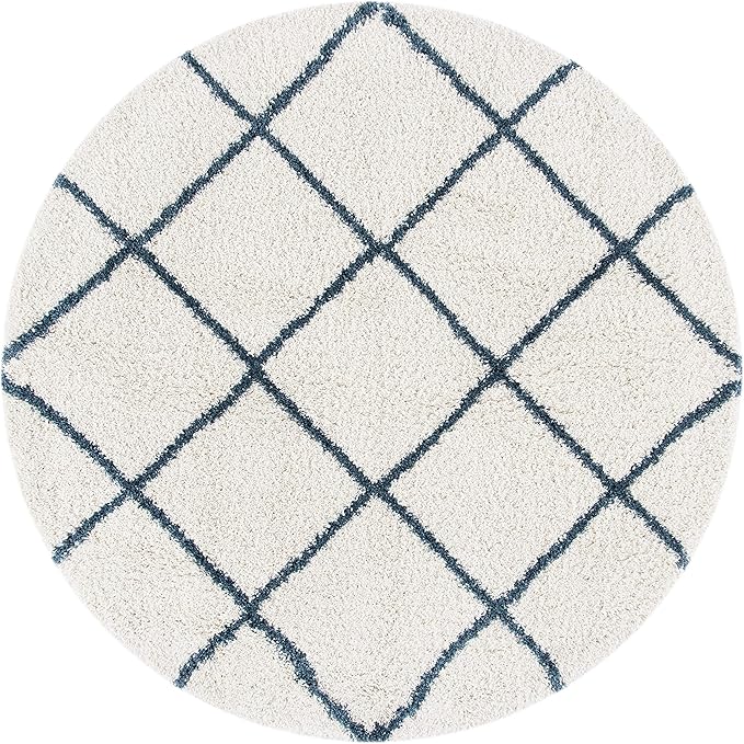 SAFAVIEH Hudson Shag Collection Area Rug - 3' Round, Ivory & Slate Blue, Modern Trellis Design, Non-Shedding & Easy Care, 2-inch Thick Ideal for High Traffic Areas in Living Room, Bedroom (SGH281T)