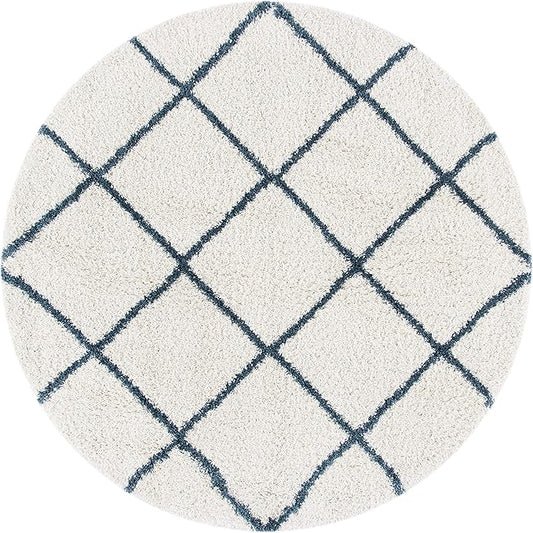 SAFAVIEH Hudson Shag Collection Area Rug - 3' Round, Ivory & Slate Blue, Modern Trellis Design, Non-Shedding & Easy Care, 2-inch Thick Ideal for High Traffic Areas in Living Room, Bedroom (SGH281T)